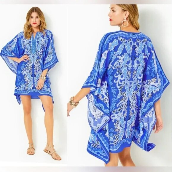 Lilly Pulitzer CINZIA SILK CAFTAN ALBA BLUE BAJA COVE ENGINEERED WOVEN DRESS